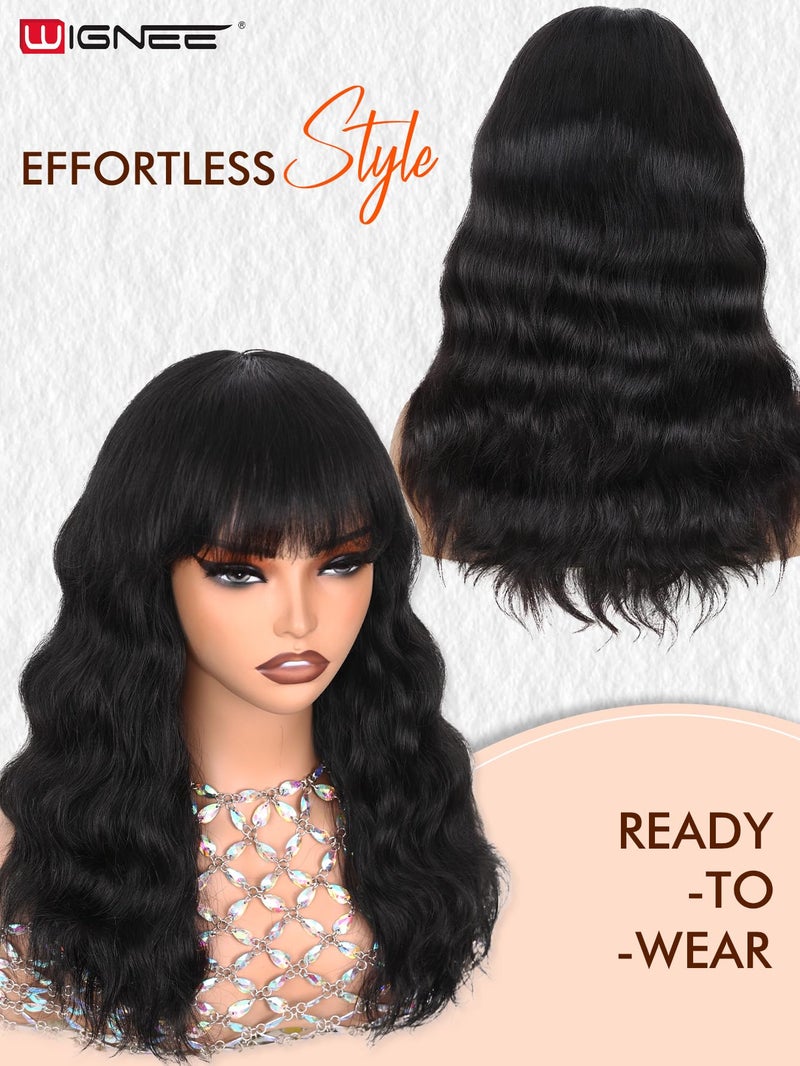 WIGNEE 100% Virgin Human Hair Natural Wave Wigs with Bangs Brazilian Human Hair Wave Wigs Natural Black Color (16 Inch) - Image 3